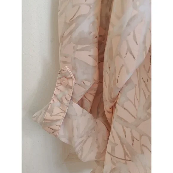 Chico's Peach Gray Satin Abstract Butterfly LS Roll-Tab Button-Up Top 2 (L/12) - Picture 3 of 9